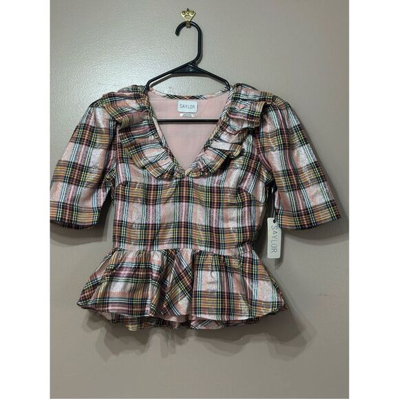 NWT SAYLOR Ilene Metallic Plaid Peplum Cottagecore Top Women's Small - Picture 2 of 14